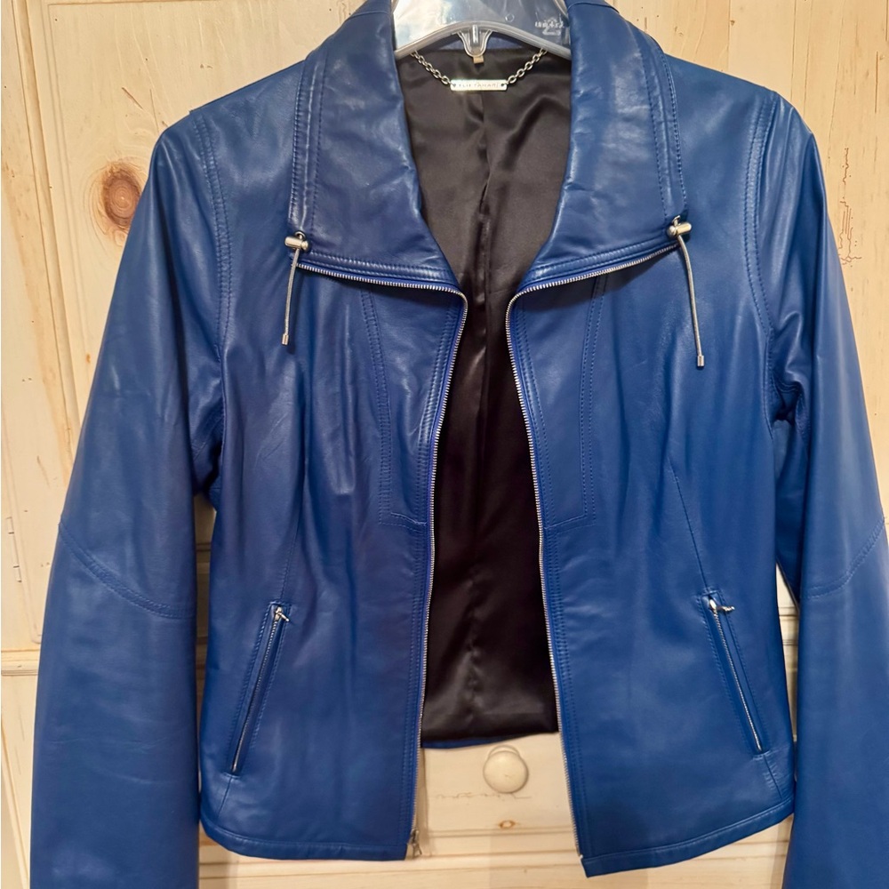 Elie Tahari Vibrant Blue Leather Jacket - Picture 4 of 11